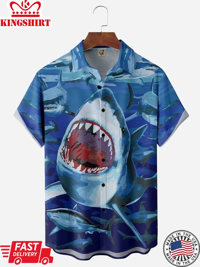 Underwater Encounter: Shark Chest Pocket Hawaiian Shirt