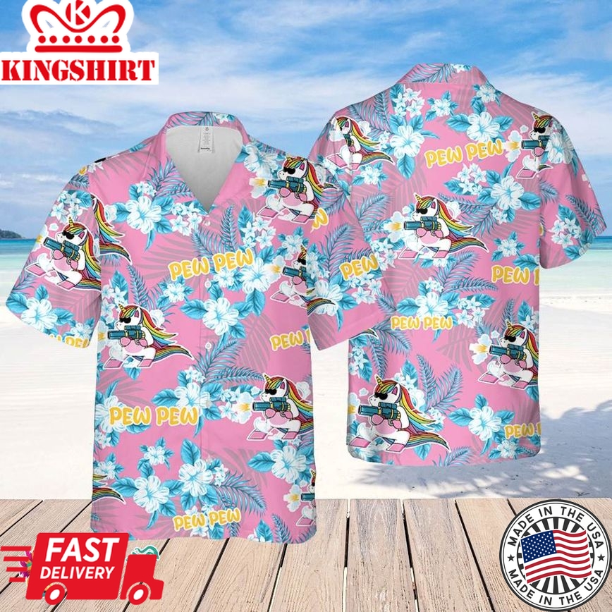 Unicon Pew Pew Hawaiian Flowers Pattern Hawaiian Shirt, Unicon Pew Pew Hawaiian Shirt, Flowers Shirt