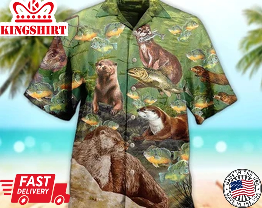 Unisex 3D A Busy Fishing Day Of Otter Trendy Hawaiian Shirt Limited Edition, Aloha Trendy Hawaiian Shirt Short Sleeve Hawaiian