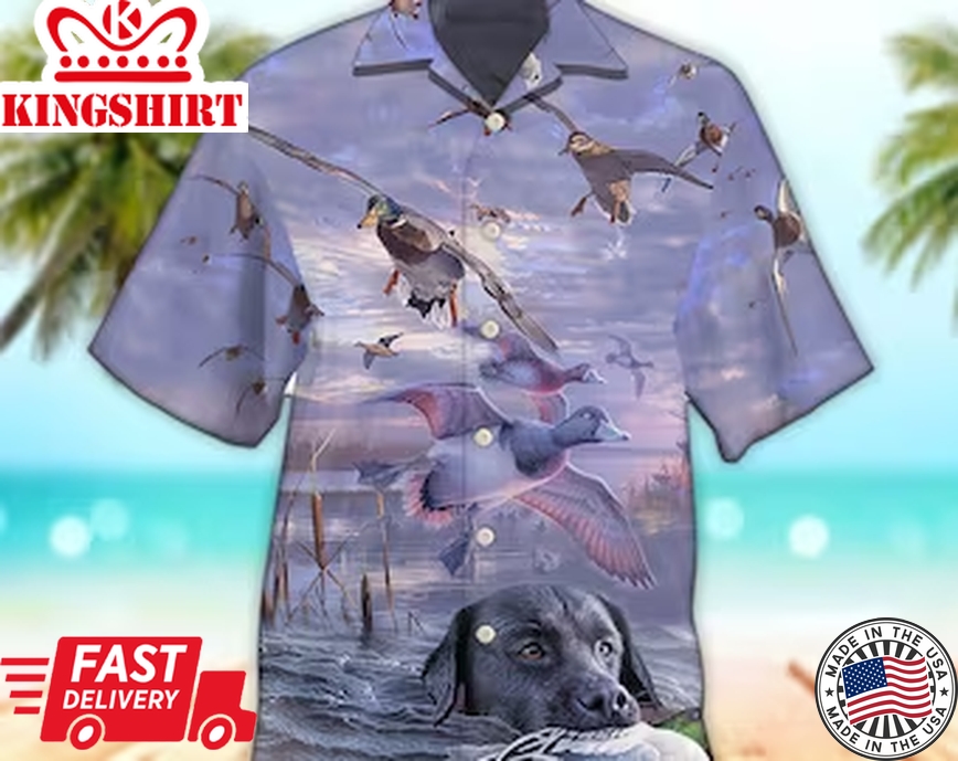 Unisex 3D Aloha Duck Hunting Purple Style Trendy Hawaiian Shirt For Men, Aloha Trendy Hawaiian Shirt Short Sleeve Hawaiian