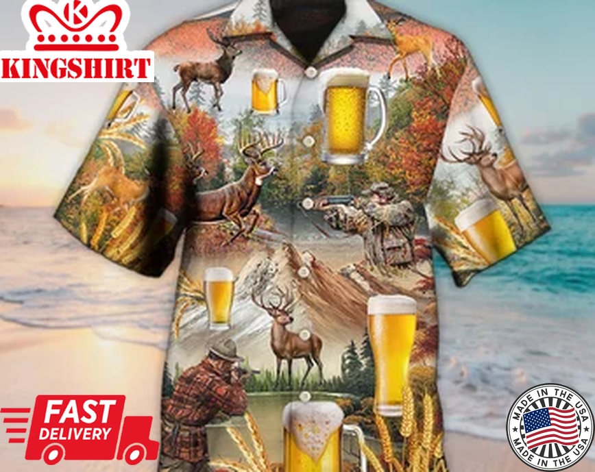 Unisex 3D Beer And Hunting Deer Autumn Mountain Trendy Hawaiian Shirt For Men, Aloha Trendy Hawaiian Shirt Short Sleeve Hawaiian