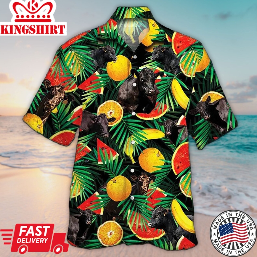 Unisex 3D Black Angus Cattle Tropical Fruits Trendy Hawaiian Shirt For Men, Aloha Trendy Hawaiian Shirt Short Sleeve Hawaiian