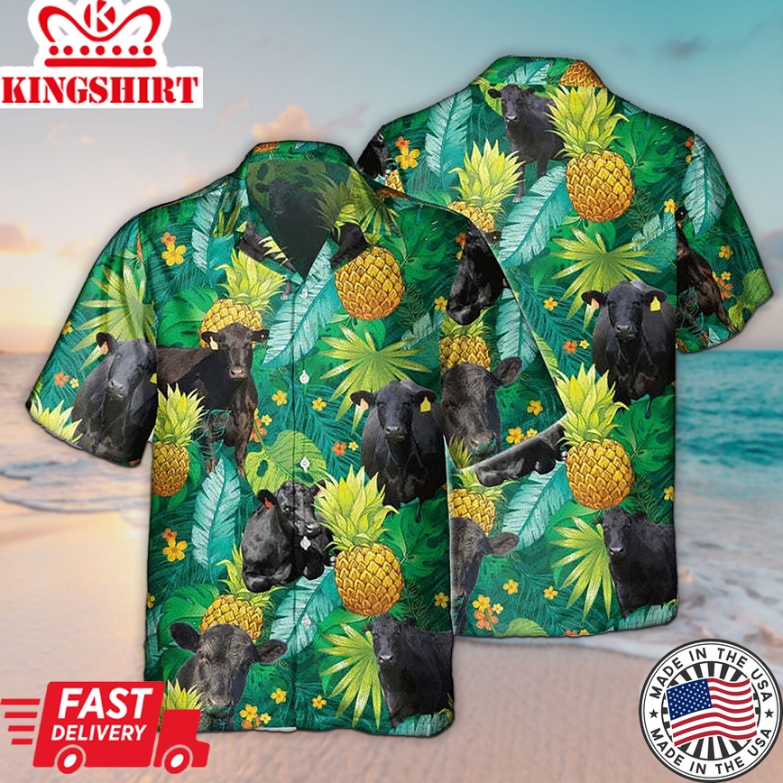 Unisex 3D Black Angus Pineapple Tropical Fruits Trendy Hawaiian Shirt For Men, Aloha Trendy Hawaiian Shirt Short Sleeve Hawaiian