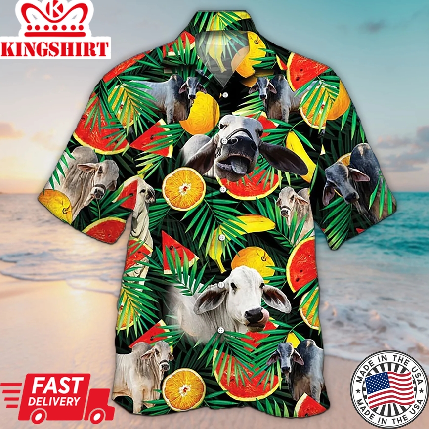 Unisex 3D Brahman Cattle Lovers Tropical Fruits Trendy Hawaiian Shirt For Men, Aloha Trendy Hawaiian Shirt Short Sleeve Hawaiian