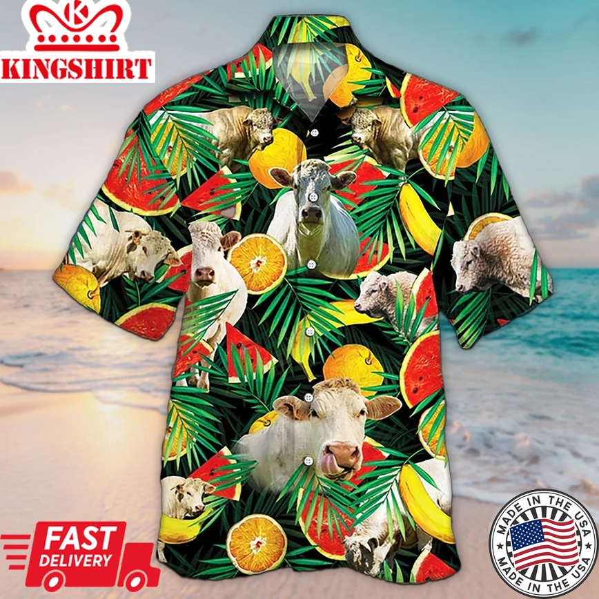 Unisex 3D Charolais Cattle Lovers Tropical Fruits Trendy Hawaiian Shirt For Men, Aloha Trendy Hawaiian Shirt Short Sleeve Hawaiian