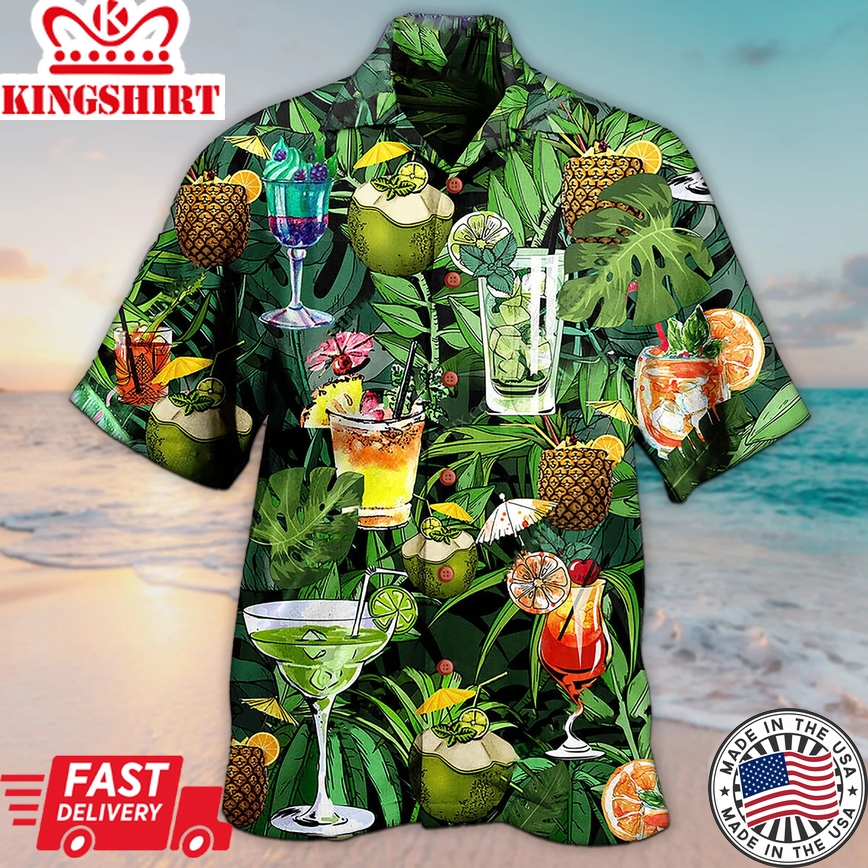 Unisex 3D Cocktail And Fruit Hello Summer Fruits Trendy Hawaiian Shirt For Men, Aloha Trendy Hawaiian Shirt Short Sleeve Hawaiian