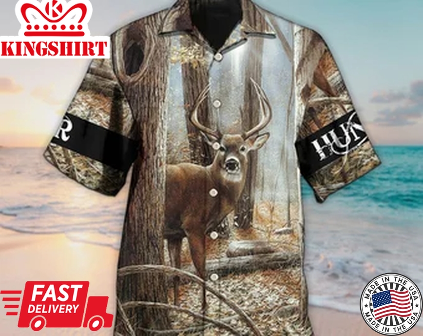 Unisex 3D Deer Hunting Forest Cool Trendy Hawaiian Shirt For Men, Aloha Trendy Hawaiian Shirt Short Sleeve Hawaiian