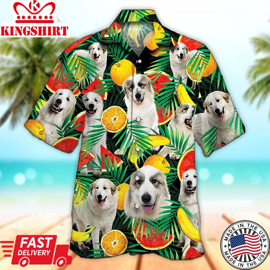 Unisex 3D Great Pyrenees Dog Lovers Tropical Fruit Trendy Hawaiian Shirt For Men, Aloha Trendy Hawaiian Shirt Short Sleeve Hawaiian