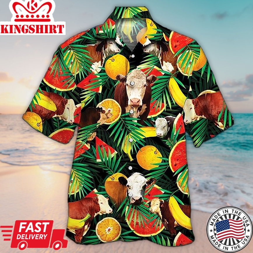 Unisex 3D Hereford Cattle Lovers Tropical Fruits Trendy Hawaiian Shirt For Men, Aloha Trendy Hawaiian Shirt Short Sleeve Hawaiian For Men.