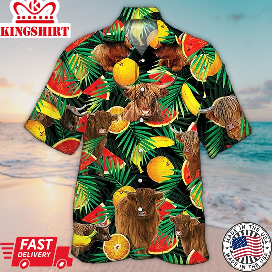 Unisex 3D Highland Cattle Lovers Tropical Trendy Hawaiian Shirt For Men, Aloha Trendy Hawaiian Shirt Short Sleeve Hawaiian