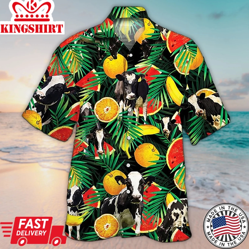 Unisex 3D Holstein Friesian Cattle Lover Tropical Fruit Trendy Hawaiian Shirt For Men, Aloha Trendy Hawaiian Shirt Short Sleeve Hawaiian