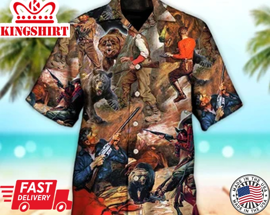 Unisex 3D Hunting Bear Cow Boy Cool Art Style Trendy Hawaiian Shirt For Men, Aloha Trendy Hawaiian Shirt Short Sleeve Hawaiian