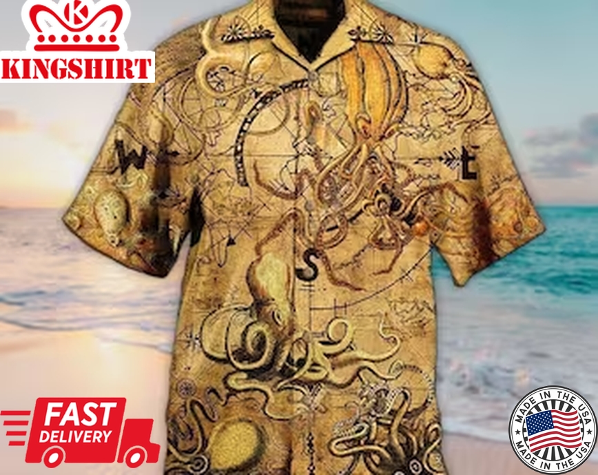 Unisex 3D Octopus Hunting Treasure Vintage Edition Trendy Hawaiian Shirt For Men, Aloha Trendy Hawaiian Shirt Short Sleeve Hawaiian