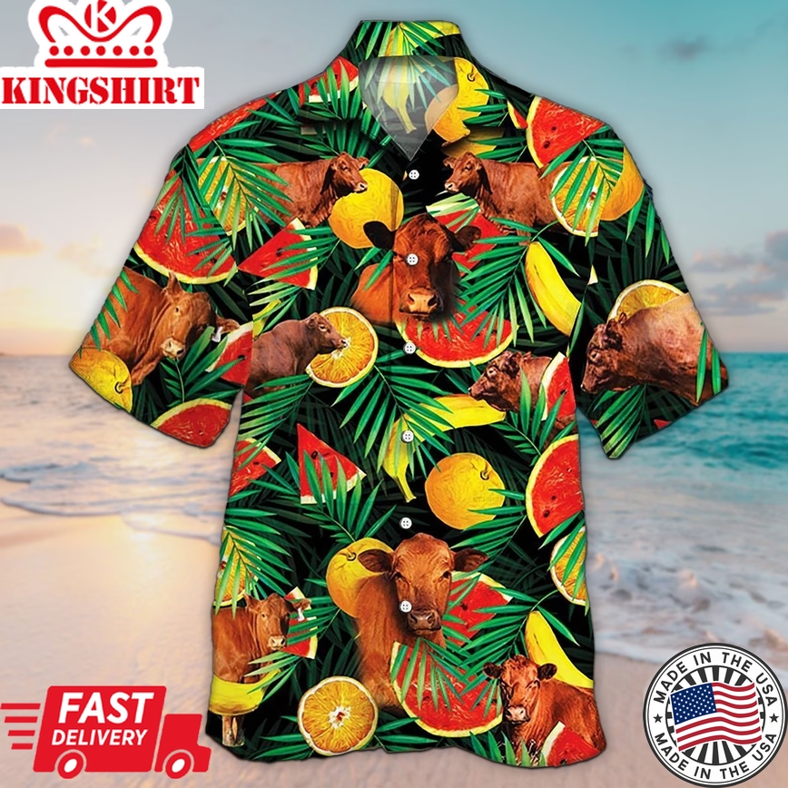 Unisex 3D Red Angus Cattle Lovers Tropical Fruits Trendy Hawaiian Shirt For Men, Aloha Trendy Hawaiian Shirt Short Sleeve Hawaiian