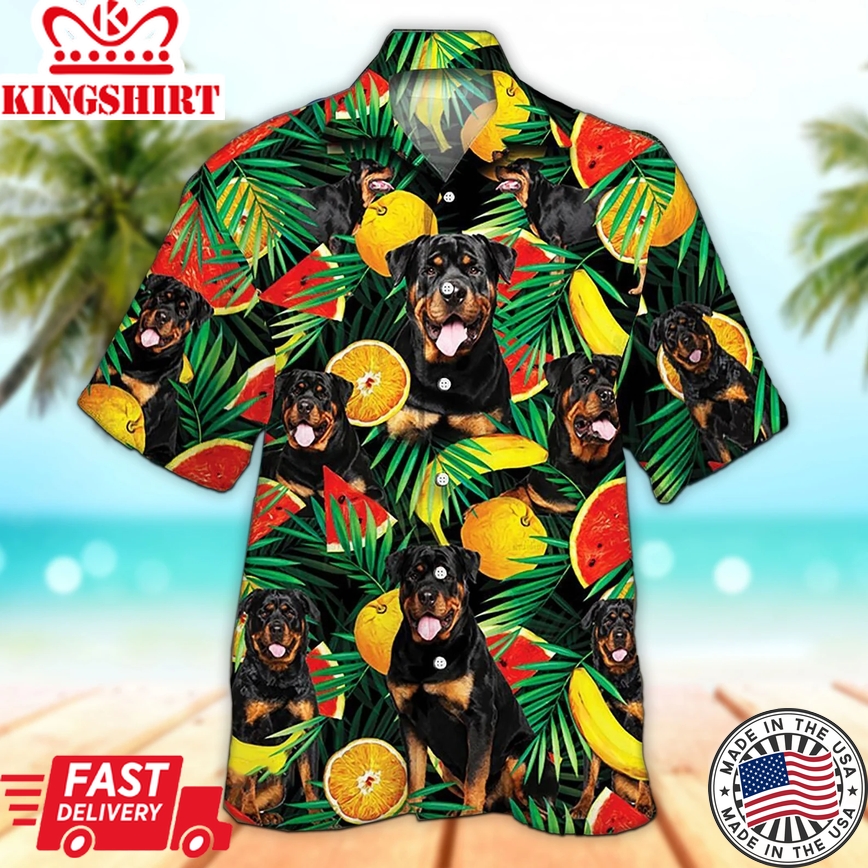 Unisex 3D Rottweiler Dog Lovers Tropical Fruit Trendy Hawaiian Shirt For Men, Aloha Trendy Hawaiian Shirt Short Sleeve Hawaiian