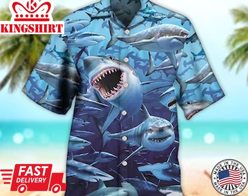 Unisex 3D Shark Family Hunting Together Trendy Hawaiian Shirt For Men, Aloha Trendy Hawaiian Shirt Short Sleeve Hawaiian