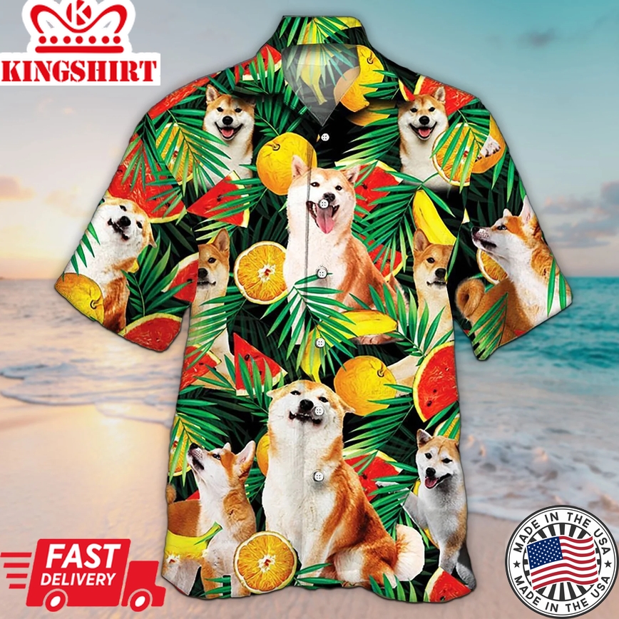 Unisex 3D Shiba Inu Dog Lovers Tropical Fruits Trendy Hawaiian Shirt For Men, Aloha Trendy Hawaiian Shirt Short Sleeve Hawaiian