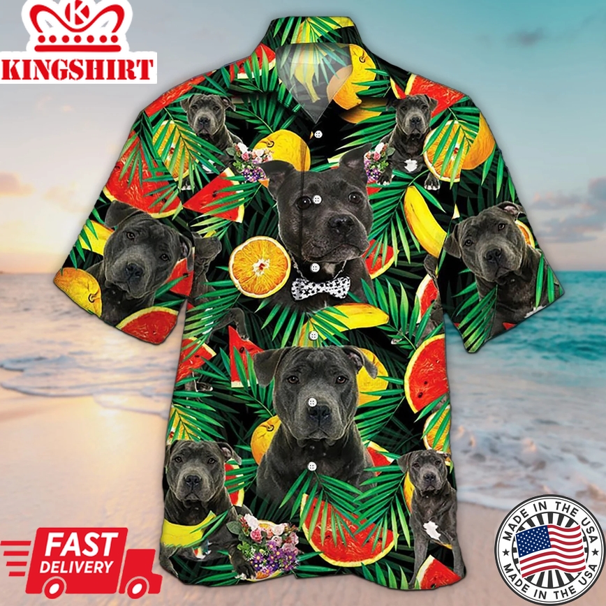 Unisex 3D Staffordshire Bull Terrier Dog Lovers Tropical Fruits Trendy Hawaiian Shirt For Men.