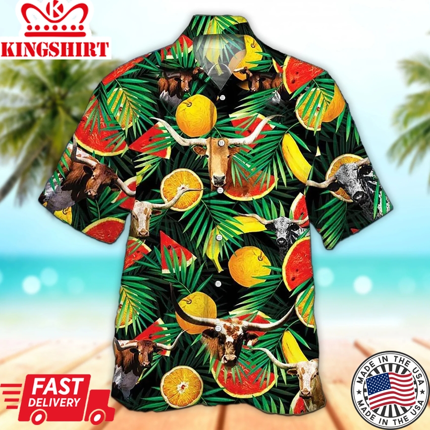 Unisex 3D Texas Longhorn Cattle Tropical Fruits Trendy Hawaiian Shirt For Men, Aloha Trendy Hawaiian Shirt Short Sleeve Hawaiian