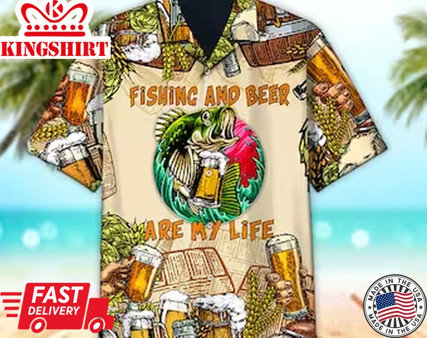 Unisex Fishing And Beer Are My Life Trendy Hawaiian Shirt For Men & Women, Aloha Trendy Hawaiian Shirt Short Sleeve Hawaiian