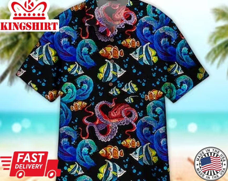 Unisex Octopus Sea Wave Tropical Fishes Trendy Hawaiian Shirt For Men & Women, Aloha Trendy Hawaiian Shirt Short Sleeve Hawaiian