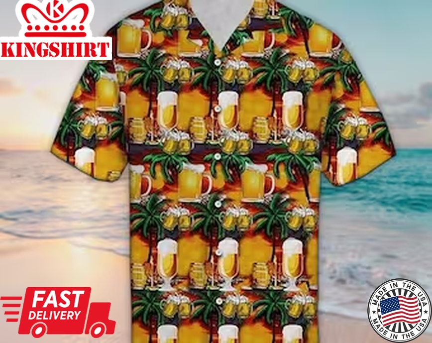 Unisex Palm & Beer Print Palm Tree Trendy Hawaiian Shirt Tropical Trendy Hawaiian Shirt, Aloha Trendy Hawaiian Shirt Short Sleeve Hawaiian