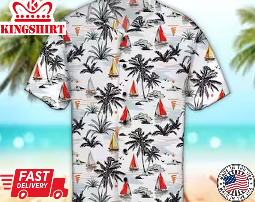 Unisex Palm Tree & Boat Palm Tree Trendy Hawaiian Shirt Tropical Trendy Hawaiian Shirt, Aloha Trendy Hawaiian Shirt Short Sleeve Hawaiian