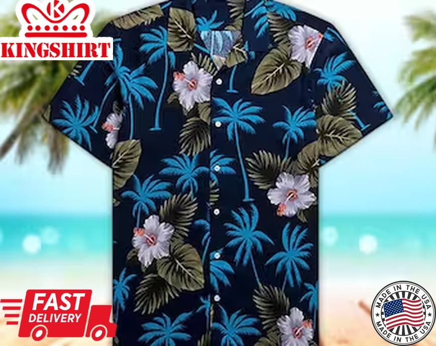 Unisex Palm Tree Navy Trendy Hawaiian Shirt Tropical Trendy Hawaiian Shirt, Aloha Trendy Hawaiian Shirt Short Sleeve Hawaiian