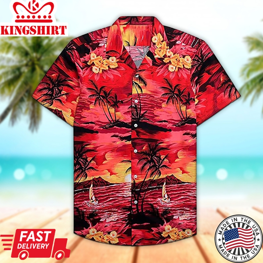 Unisex Palm Tree Red Trendy Hawaiian Shirt Tropical Trendy Hawaiian Shirt, Aloha Trendy Hawaiian Shirt Short Sleeve Hawaiian