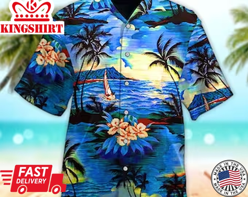 Unisex Palm Tree Sunrise Beach Trendy Hawaiian Shirt Tropical Trendy Hawaiian Shirt, Aloha Trendy Hawaiian Shirt Short Sleeve Hawaiian