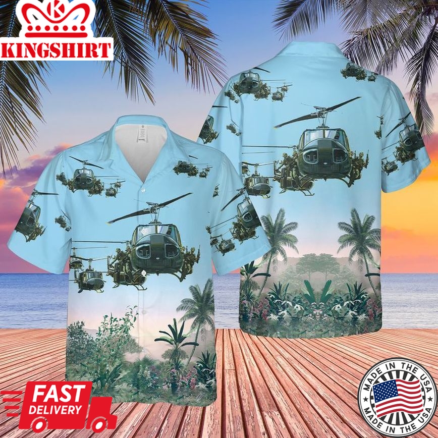 Us Army Bell Uh-1 Huey Hawaiian, Short Sleeve Trendy Hawaiian Shirt For Men