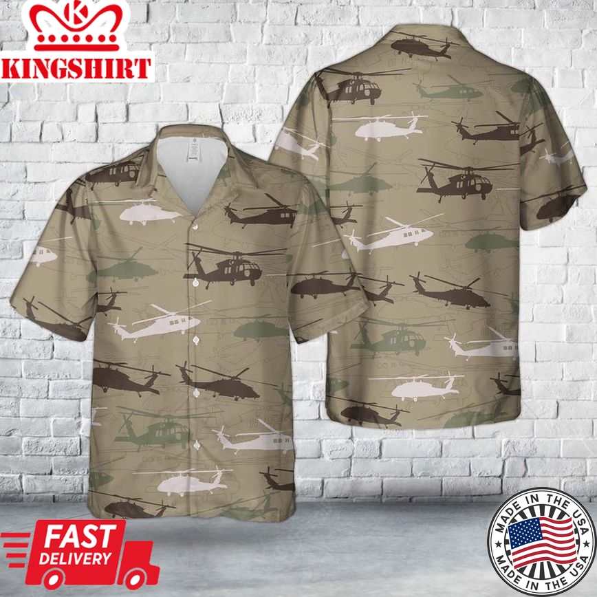 US Army Sikorsky UH-60 Black Hawk Silhouette Trendy Hawaiian Shirt: Military Fashion