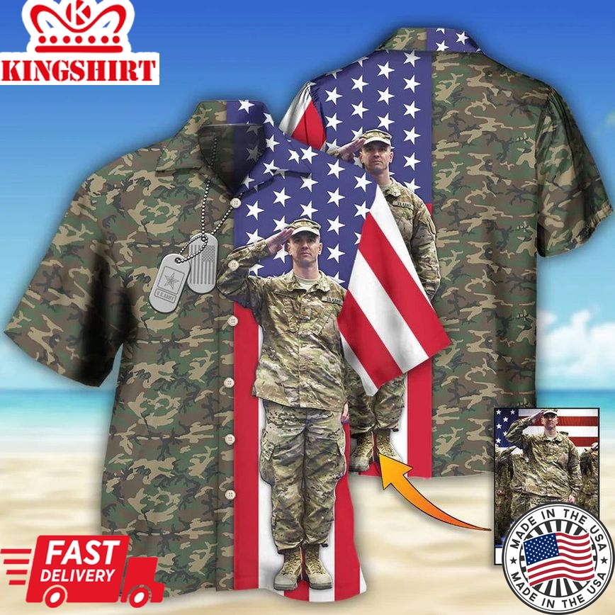 Us Army Tropical Us Flag Custom Photo Hawaiian Shirt