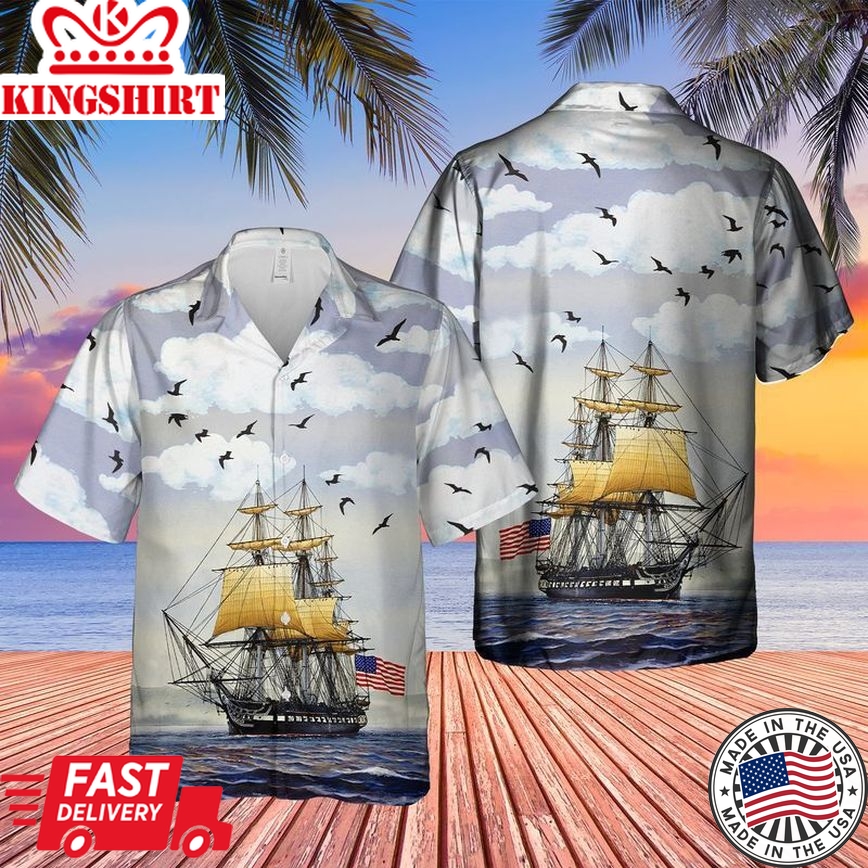 Us Navy Uss Constitution Trendy Hawaiian Shirt, Short Sleeve Trendy Hawaiian Shirt For Men