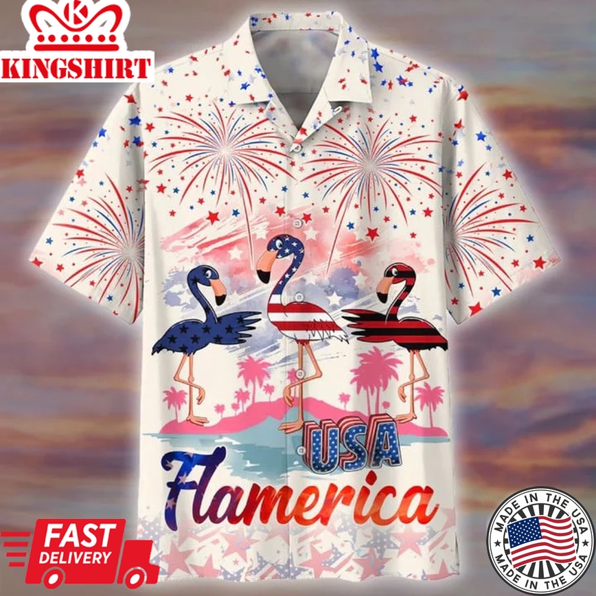 Usa Flamerica Trendy Hawaiian Shirt For 4Th Of Jul, Summer Flamingo Aloha Beach Shirt For Men And Womens, Unisex Trendy Hawaiian Shirt