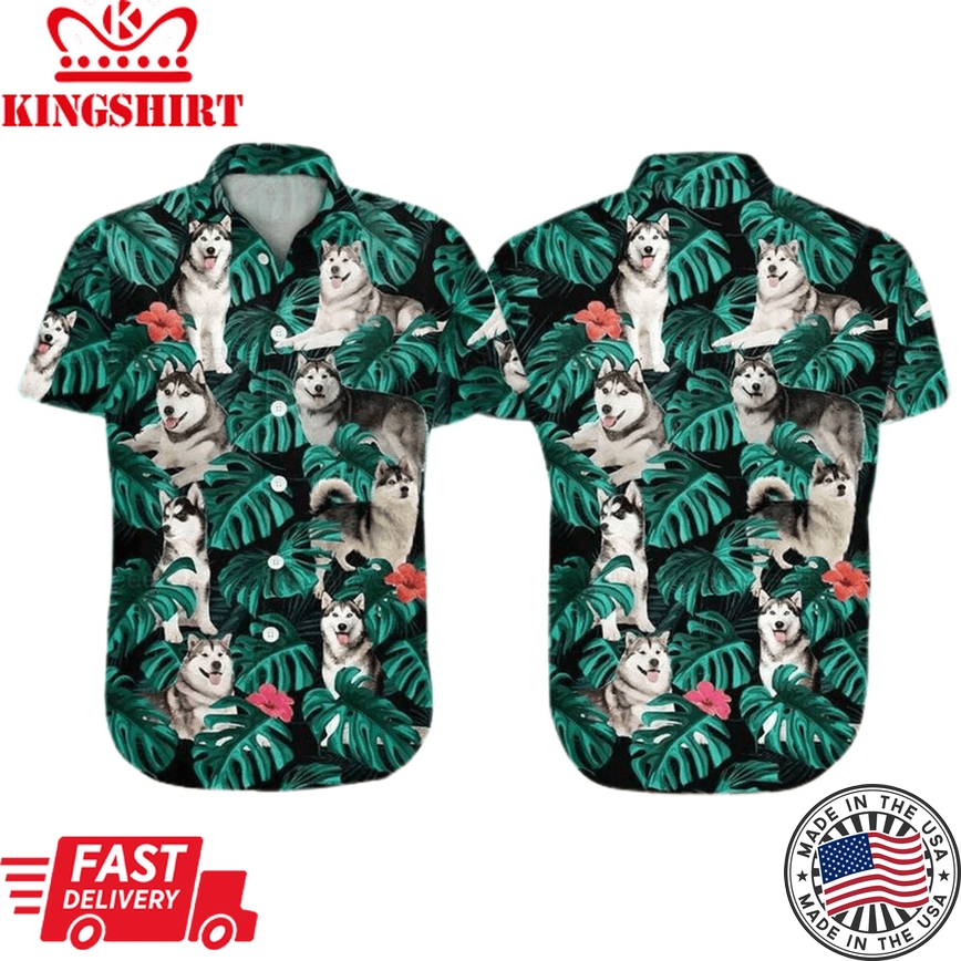 Usky Dog Aloha Trendy Hawaiian Shirt - Funny Husky Dog Pet Trendy Hawaiian Shirt, Tropical Leaves Pattern Trendy Hawaiian Shirt For Men