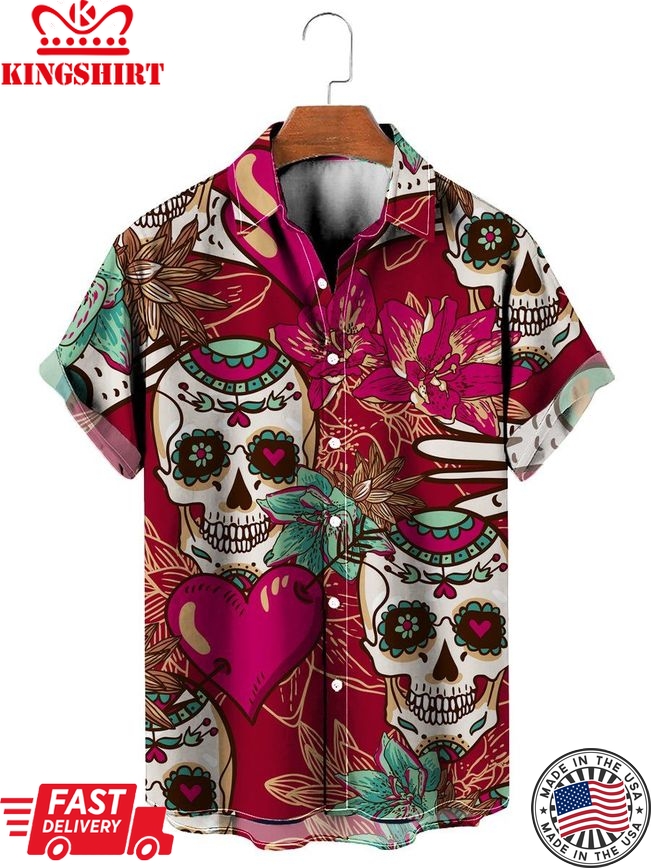 Valentine's Day Casual Skull Heart Print Short Sleeve Summer Hawaiian Shirt