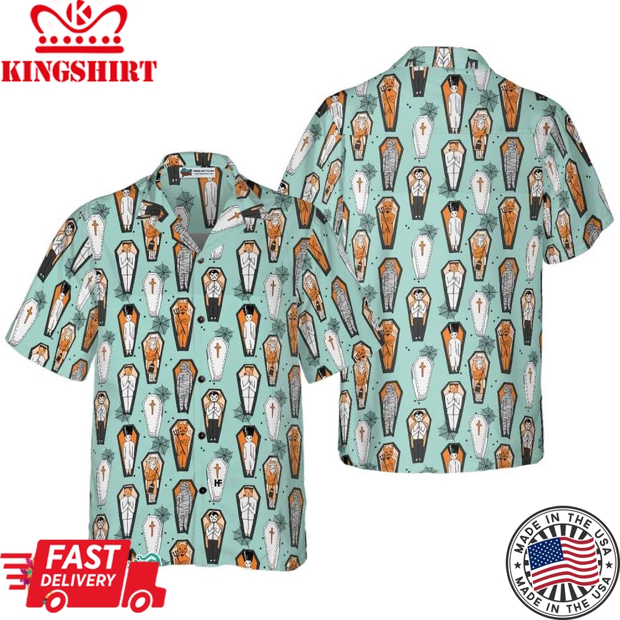 Vampire Coffins Halloween Shirt For Men, Arctic Blue Coffin Pattern Hawaiian Shirt