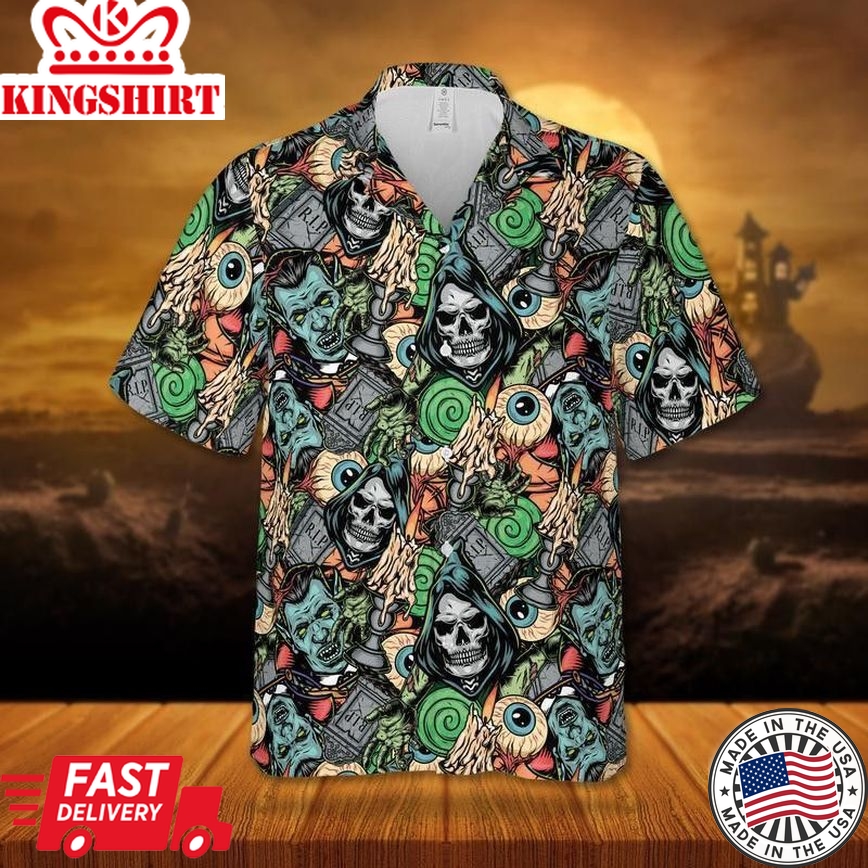 Vampires, Death And Zombies Halloween Trendy Hawaiian Shirt, Unisex Print Aloha Short Sleeve Casual Shirt