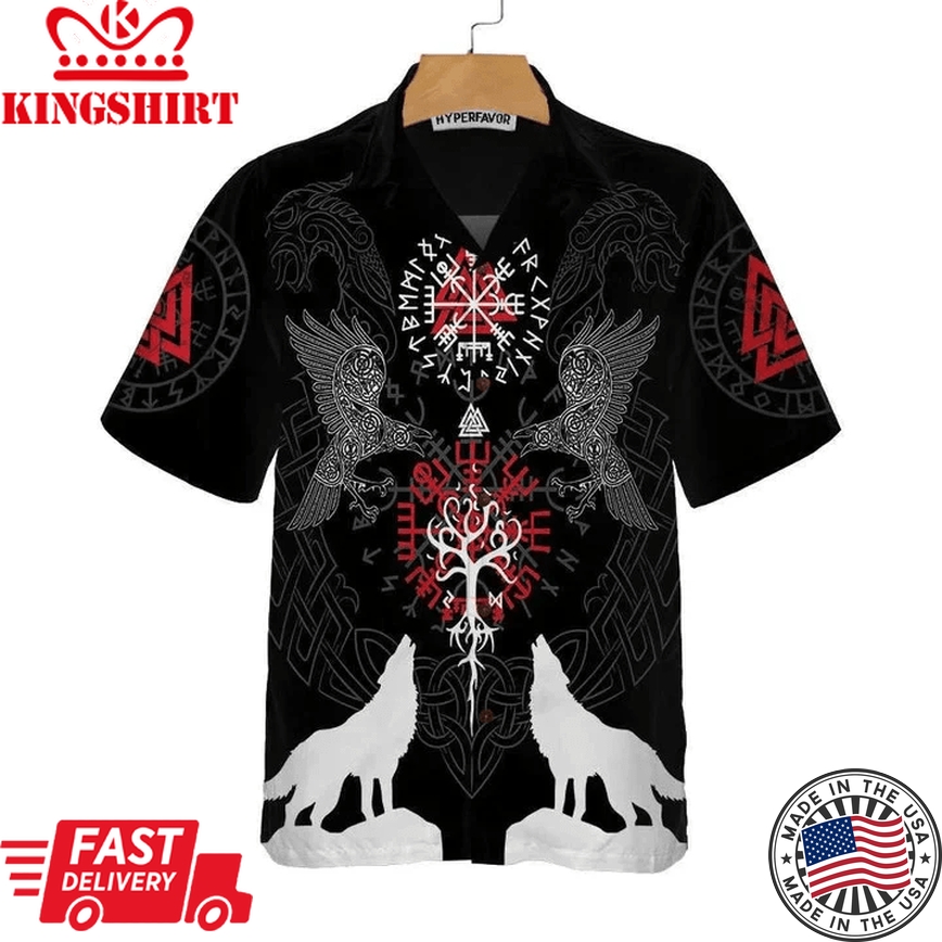 Viking Raven And Wolf White Silhouette Trendy Hawaiian Shirt