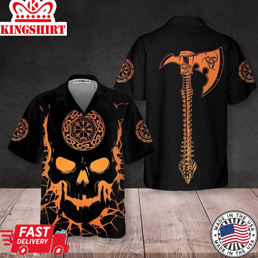 Viking Skull With Backbone Axe Hawaiian Shirt, Cool Orange Pattern Black Skull Shirt