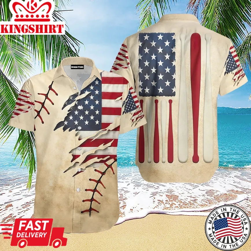 Vintage American Baseball Bat Flag Trendy Hawaiian Shirt For