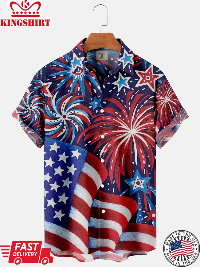 Vintage American Flag Fireworks Pocket Short Sleeve Shirt, 4Th Of July Trendy Hawaiian Shirt For Men