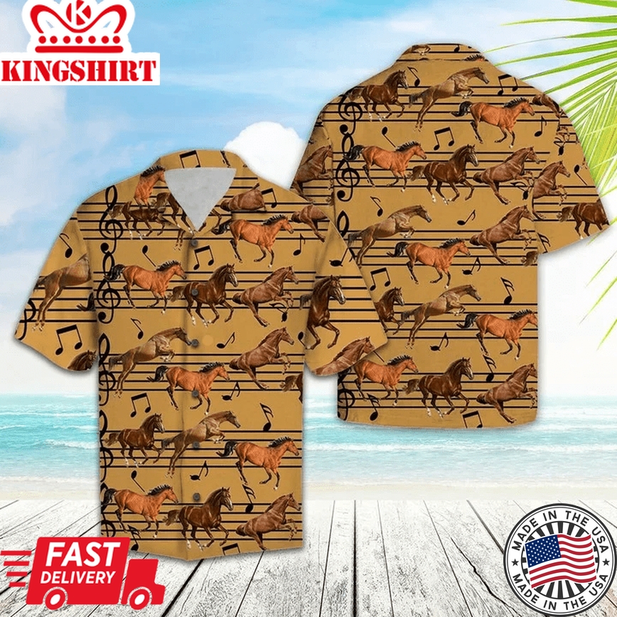 Vintage Brown Horse Love Music Notes Pattern Trendy Hawaiian Shirt