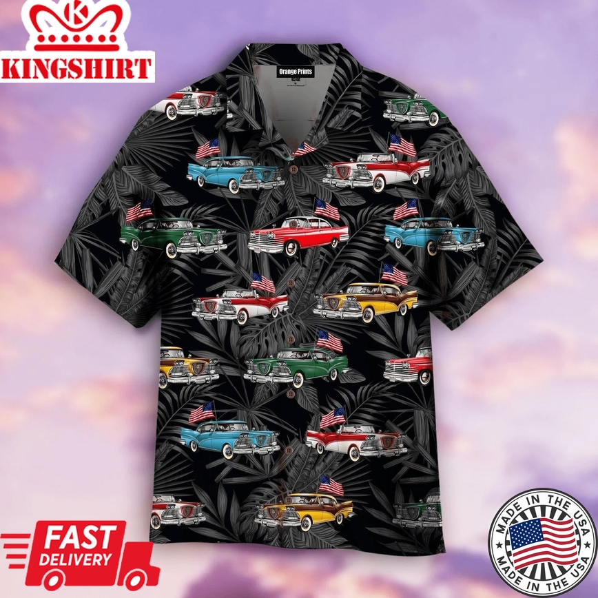 Vintage Car With American Flag Trendy Hawaiian Shirt For