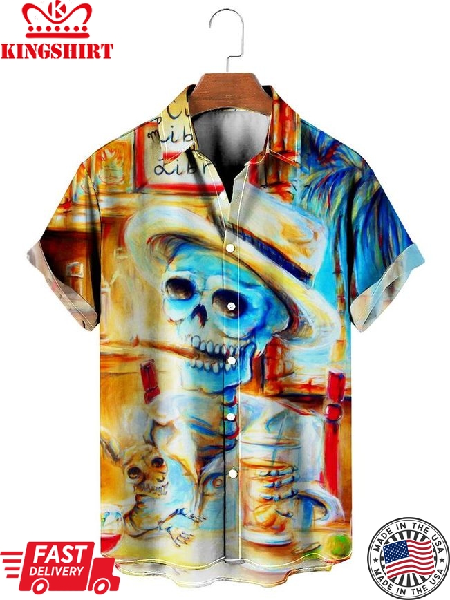 Vintage Casual Short Sleeve Shirt Art Skull Button Shirt