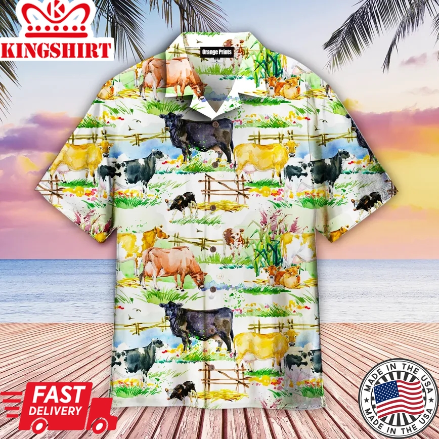 Vintage Dairy Cows On Glade Trendy Hawaiian Shirt