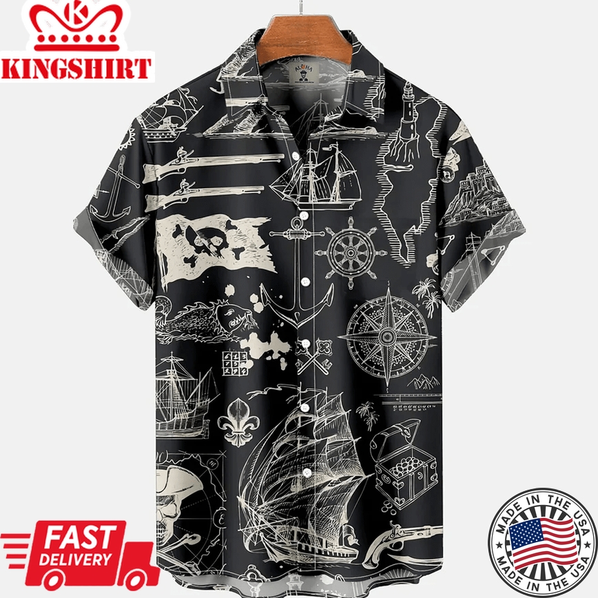 Vintage Hawaiian Nautical Pirate Ship Print Short Sleeve Trendy Hawaiian Shirt