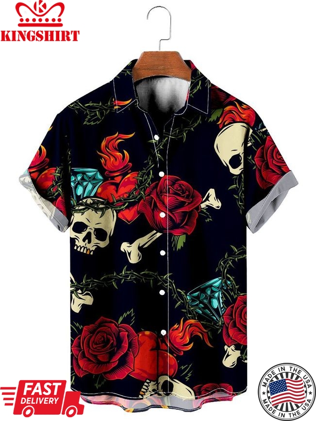 Vintage Hawaiian Shirts Black Skull Heart Rose Easy Care Aloha Shirt