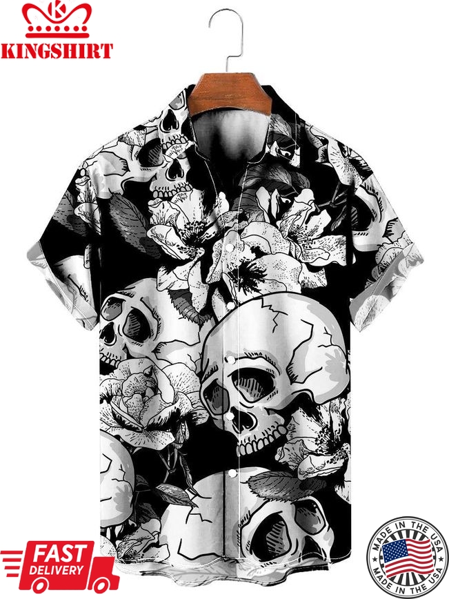 Vintage Hawaiian Shirts Black Skull Rose Easy Care Aloha Shirts